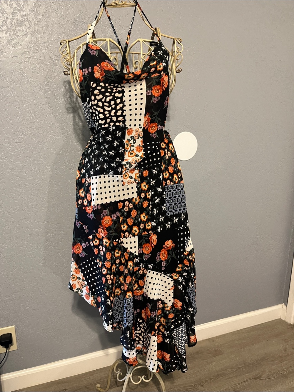 SO Black Floral Patchwork High-Low Dress with Orange Roses